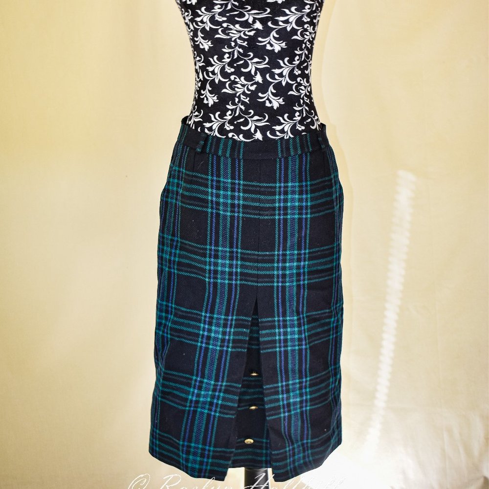 Vintage Scottish Plaid Skirt, Gold Buttons